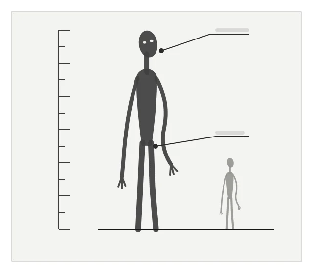 Reference drawing of the tall watcher figure beside a height ruler, with a smaller distant figure behind it