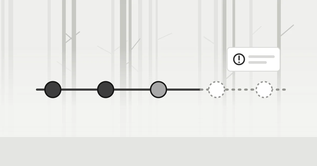 A version timeline with filled points followed by empty dashed points and a warning card