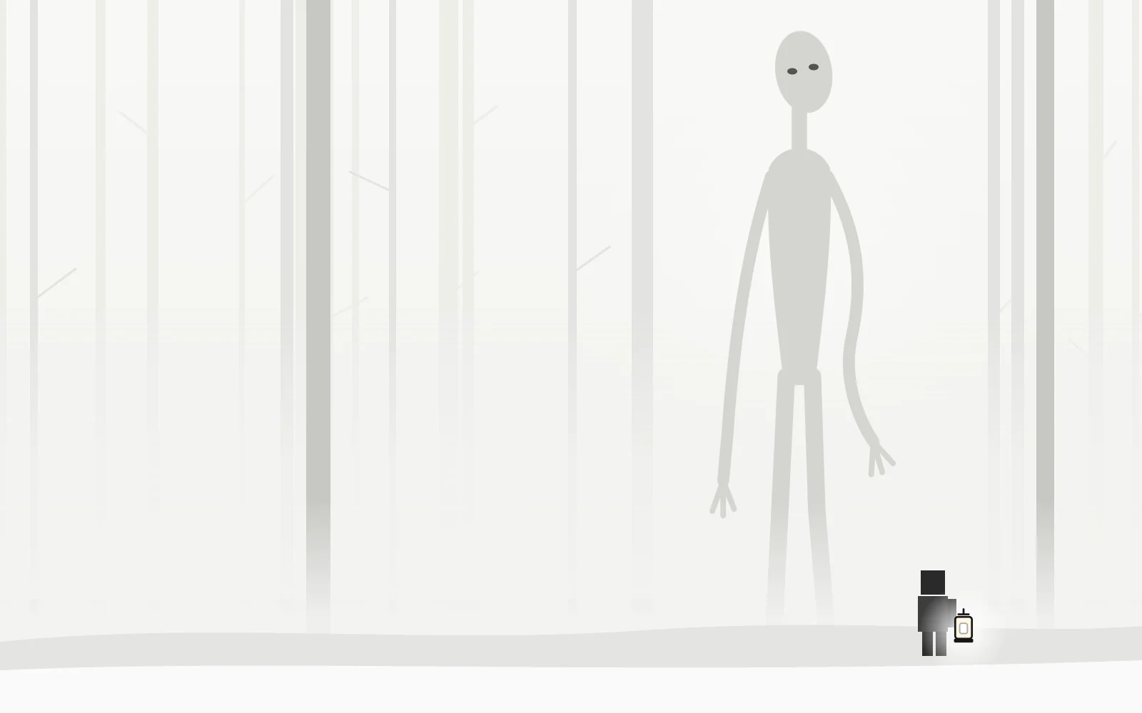 Original illustration of a towering pale figure with glowing eyes rising above a misty forest, while a small explorer holds a lantern